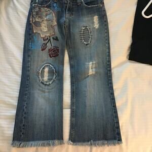 EUC Y2K Smarque Distressed Patched Fringe Cropped Jeans Size 5